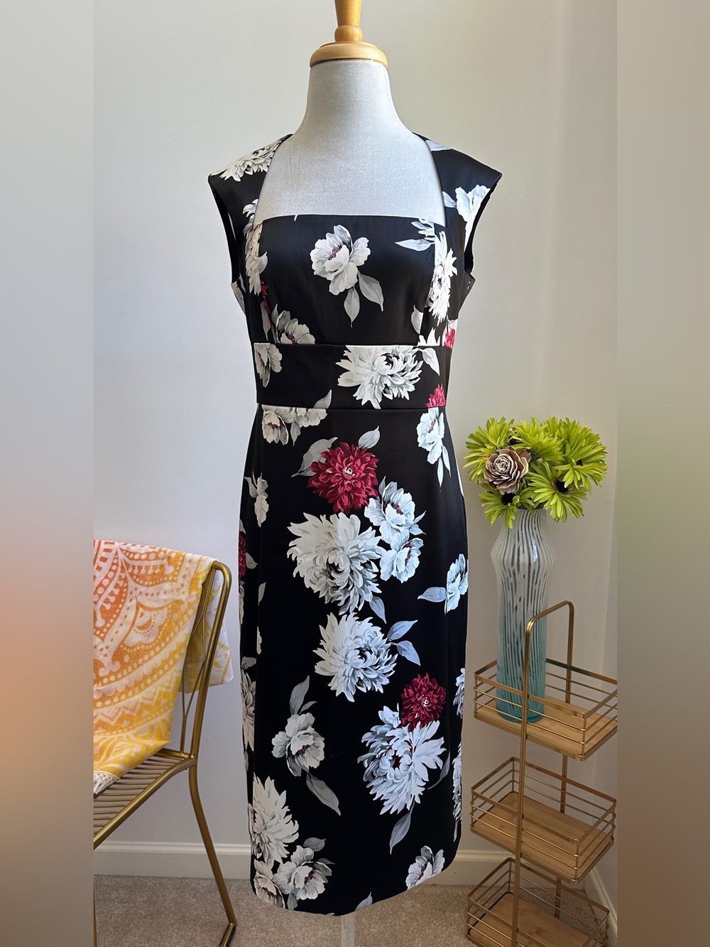 White House Black Market Black Midi Dress with White and Red Floral Print